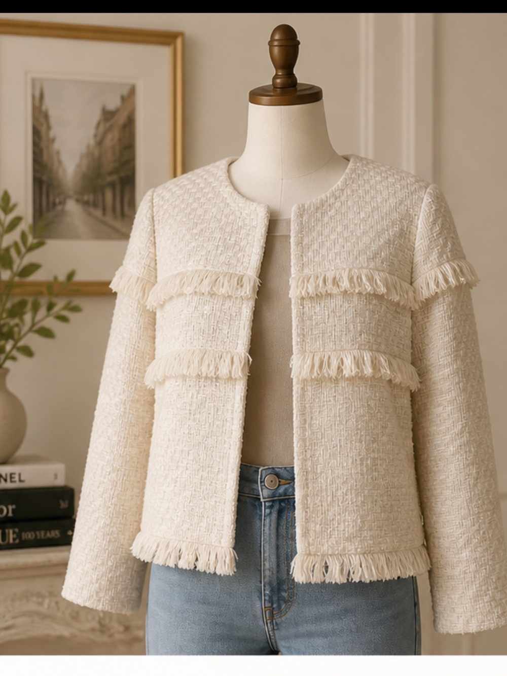 ASOS ivory fringe tweed jacket sz 10 blazer